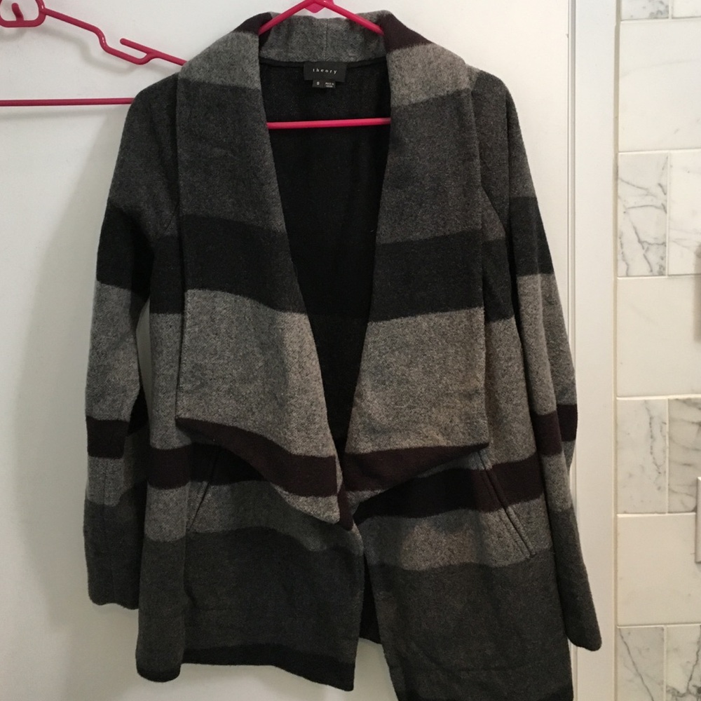 Theory Black and Gray Striped Cardigan